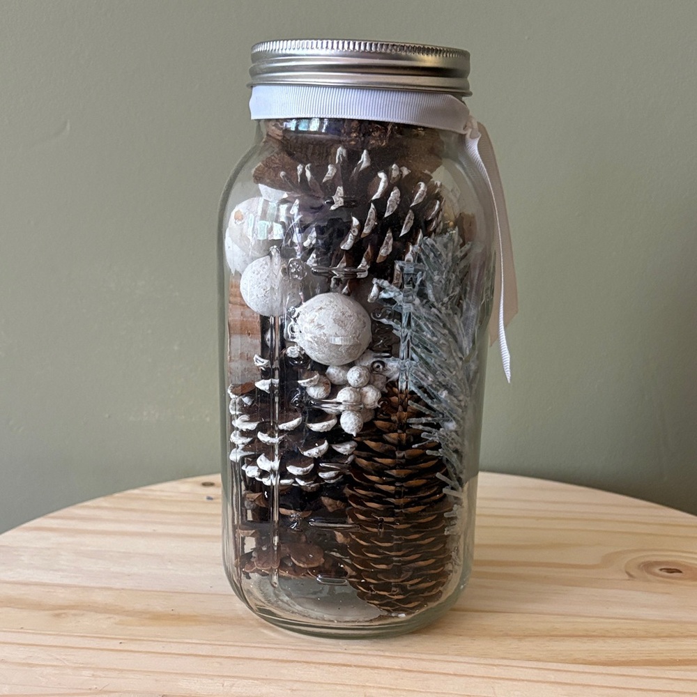 Holiday Pinecone Mason Jar with White Accents